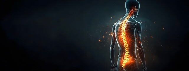 A man's back with the spine highlighted in red, indicating pain or discomfort in the neck and lower back region