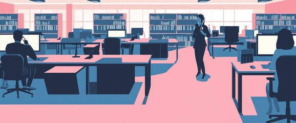 Poster - cartoon modern male employee characters sit on business desk in office room interior with computers 