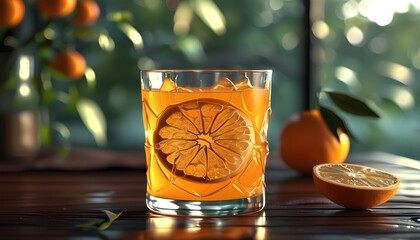 Poster - Intricate Golden Spiral Design Showcased in Hyper-Realistic Orange Juice Glass