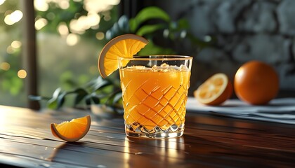 Poster - Intricate Golden Spiral Design Showcased in Hyper-Realistic Orange Juice Glass