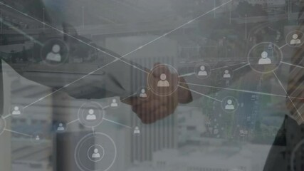 Poster - Animation of network of connections over caucasian business people shaking hands