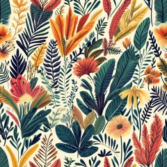  Seamless tropical floral and leaf pattern in cartoon style