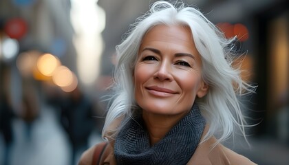 Wall Mural - Confident mature woman with gray hair radiates joy on bustling city street