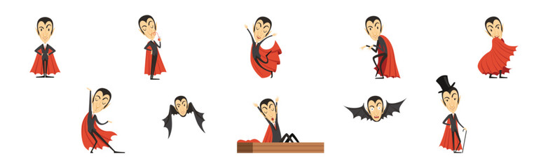 Sticker - Count Dracula Character with Fangs Wearing Red Cape Vector Set