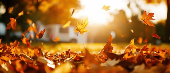 A stunning autumn scene with golden leaves falling in a sunlit park, capturing the essence of the fall season.