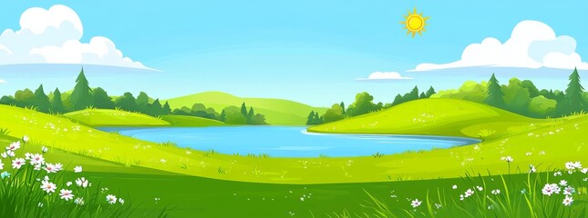 View of a spring village with mountain views with blue sky and lake; modern cartoon spring landscape; panorama of countryside in the morning in summer with bright sunlight and reflections on water;