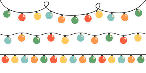 Wall Mural - Christmas lights round set. Lightbulb glowing garland line. Colorful string fairy light. Cartoon festive holiday xmas decoration. Rainbow color. Simple Flat design. White background. Isolated. Vector