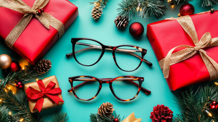 Poster - Trendy Glasses with Christmas balls, gifts and fir branches on mint background. New Christmas eyewear collection. Optic store sale banner. Winter special offer discount. Eyeglasses in plastic frame