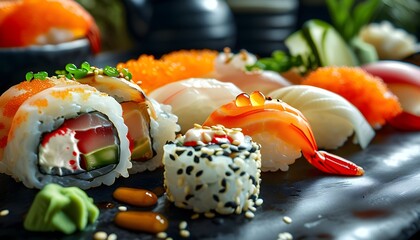 artistic closeup of gourmet sushi highlighting fresh seafood and authentic asian flavors