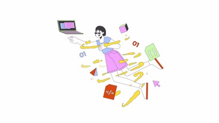 Fototapete - Japanese female app developer coding 2D animation. Web design job 4K video motion graphic. Asian woman writing code in supplies swirl animated character cartoon flat concept, white background