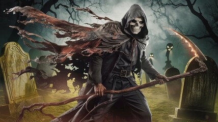 A Halloween scene of a graveyard with a mysterious, hooded figure called the Phantom Harbinger