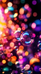 Poster - Vibrant bubbles floating through a colorful, abstract background filled with bokeh lights, creating a magical and whimsical atmosphere.