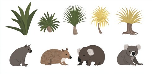 Printed on white elements, which includes wattle leaves, 2 echidnas, a kangaroo, and a koala.