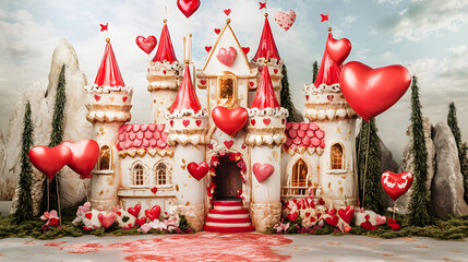 A whimsical fairy tale castle adorned with hearts and festive decorations surrounded by trees and clouds creating a magical atmosphere