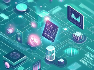 Poster - Futuristic digital infographic showcasing a data analytics dashboard with abstract network visualizations,information charts.