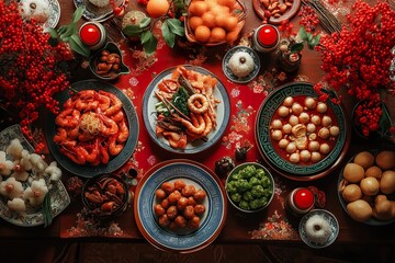 Lunar New Year celebration banquet, placed on a red tablecloth.