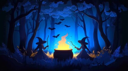 Two witches brew a potion in a mystical forest under a moonlit sky.