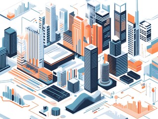 Poster - Futuristic infographic depicting a virtual twin analytics system showcased in a modernist,high-tech cityscape with skyscrapers,graphs,and data visualizations.
