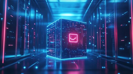 A glowing cube with a pink checkmark symbol in a server room represents secure data storage and protection.