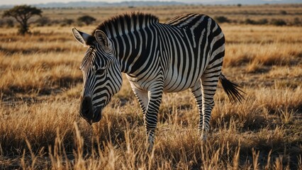 Striking zebra grazing in golden savanna grass under warm sunlight