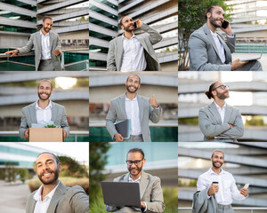Aufkleber - A confident businessperson is seen in multiple scenarios, showcasing a range of professional activities. He is interacting on a phone call, working on a laptop, and holding a box of plants.