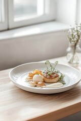 Wall Mural - A beautifully plated dessert featuring a tart, ice cream, and garnishes on a wooden table.