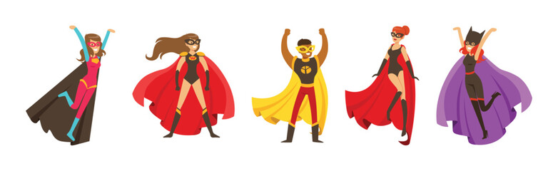 Poster - Man and Woman Superhero Character in Mask and Cloak Vector Set