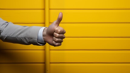 An arm sticks out of an yellow wall and shows a thumbs up.