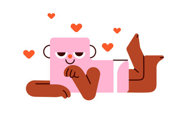 Poster - Cute love character. Funny playful geometric shape with happy smiling face, romantic flirting relaxed mood, hearts. Humor seductive figure. Flat vector illustration isolated on white background