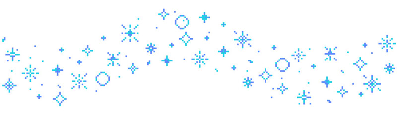 Wall Mural - pixel snow retro 8 bit sparkle wavy border seamless frame. shiny game pixel art effect set. firework
