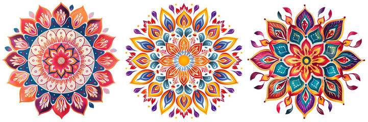 bright and vibrant rangoli art with multiple colors and intricate detailing in a circular floral pat