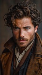 Wall Mural - Intense Portrait of a Handsome Man with Curly Hair and a Beard