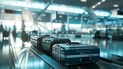 Poster - A close-up view of stylish suitcases on an airport baggage carousel with a large, bright terminal backdrop filled with natural light and bustling travelers