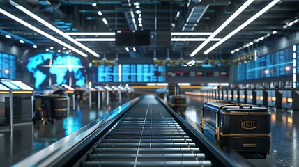 Poster - A dynamic 3D-rendered image of suitcases being loaded onto a conveyor belt with airport check-in counters and large digital flight information screens in the background