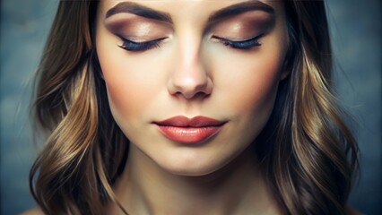  A serene woman's face is captured in repose, her closed eyes and slightly parted lips conveying a sense