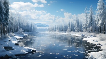 Wall Mural - Frozen winter lake, snowy winter landscape.  