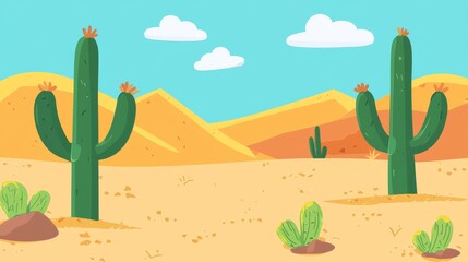 The sand dunes of an Arabian or Egyptian desert are surrounded by green grass and cacti, and there is a bright blue sky. The background is a cartoon modern Sahara, with a backdrop of drought yellow