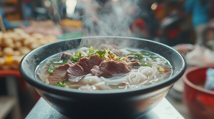 Wall Mural - A steaming bowl of beef noodle soup garnished with herbs.