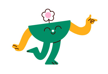 Poster - Cute happy geometric character. Funny abstract figure with joyful expression, smiling face. Childish creative quirky geometry element with flower. Flat vector illustration isolated on white background