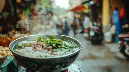 Wall Mural - A steaming bowl of noodle soup in a bustling street market.