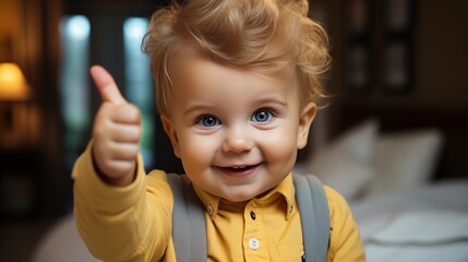 Cute little baby boy laughing and showing thumbs up.