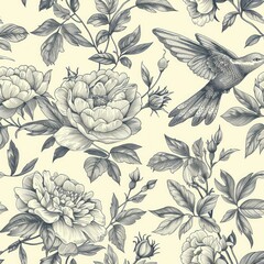 Wall Mural - Vintage floral pattern with peonies and birds on a light background