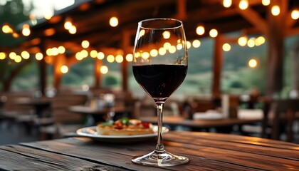 Wall Mural - Romantic Evening Glow: Glass of Red Wine on Rustic Café Table under Soft Warm Lights