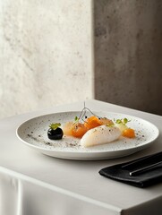 A beautifully plated dish featuring various textures and colors, showcasing culinary artistry.