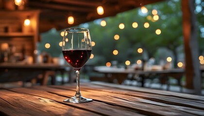 Wall Mural - Romantic Evening Glow: Glass of Red Wine on Rustic Café Table under Soft Warm Lights