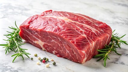 A succulent tri-tip roast, flecked with delicate marbling and hints of creamy fat, sits serenely on a pristine