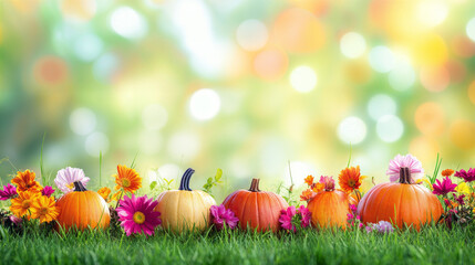 Vibrant autumn scene with orange and green pumpkins surrounded by bright red and yellow flowers, set on a lush green grass background, symbolizing the beauty of the fall season. Halloween background