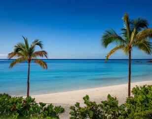 A serene tropical beach with clear water, palm trees, bright sun, and no people, evoking tranquility.