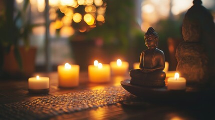 A soft close-up of candles and ambient lighting in a zen meditation room, perfect for stress relief and mindfulness,