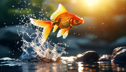 Goldfish Leaping from Water Representing Progress and Career Advancement in an Inspirational Atmosphere